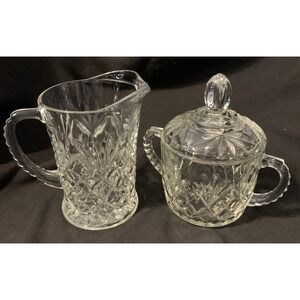 Anchor‎ Hocking Prescut Clear Glass Pineapple Sugar Bowl with Lid And Creamer
